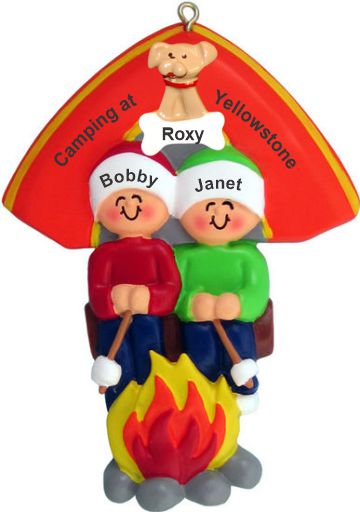 Camping Out Couple Christmas Ornament with Pets Personalized by RussellRhodes.com
