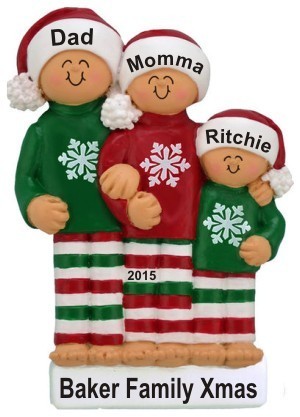 Our Comfy Pajamas Family of 3 Christmas Ornament Personalized by Russell Rhodes