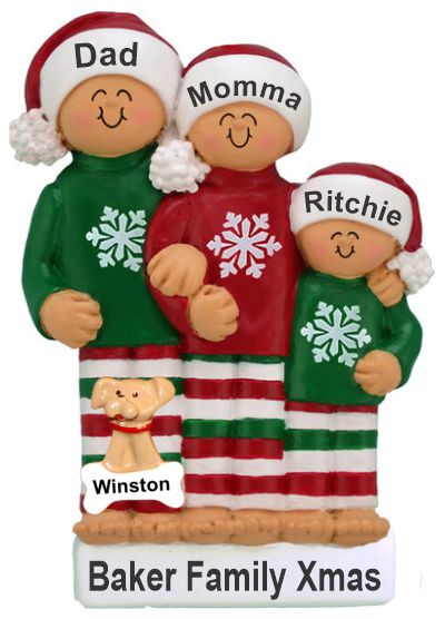 Our Comfy Pajamas Family of 3 Christmas Ornament with Pets Personalized by RussellRhodes.com
