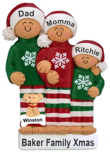 Family Christmas Ornament Comfy Pajamas for 3 with Pets Personalized by RussellRhodes.com