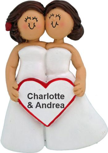 Same Sex Marriage Females Both Brunette Christmas Ornament Personalized by Russell Rhodes