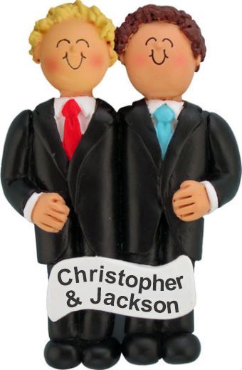 Same Sex Marriage Christmas Ornament Blond & Brunette Males Personalized by RussellRhodes.com