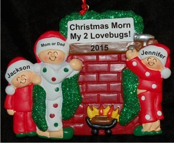 Single Parent 2 Children Our Warm Fireplace Together Christmas Ornament Personalized by Russell Rhodes