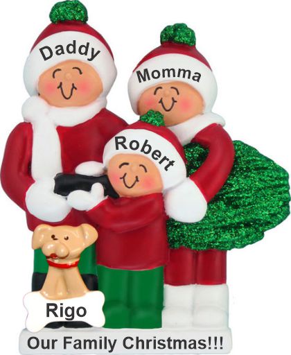 Buying Our Family Tree Family of 3 Christmas Ornament with Pets Personalized by Russell Rhodes