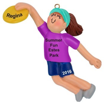 Frisbee Fun in the Park Brunette Female Christmas Ornament Personalized by Russell Rhodes