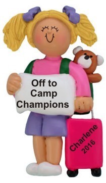 Off to Camp Female Blond Child Christmas Ornament Personalized by Russell Rhodes