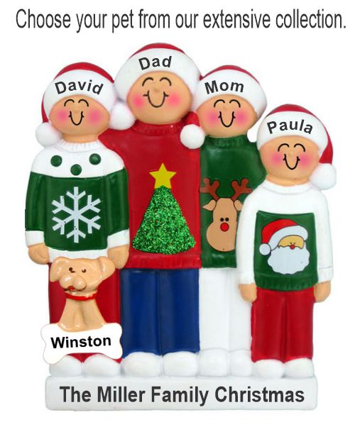 Holiday Sweaters Family of 4 Christmas Ornament with Pets Personalized by RussellRhodes.com