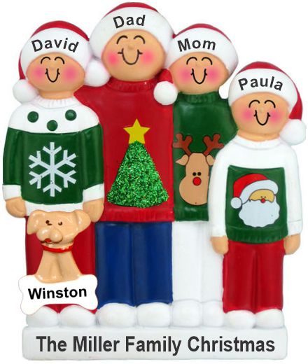 Family Christmas Ornament Dressed to Impress for 4 with Pets Personalized by RussellRhodes.com