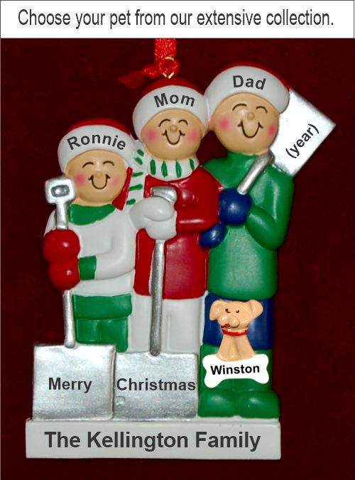 White Xmas Family of 3 Christmas Ornament with Pets Personalized by Russell Rhodes