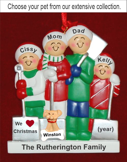 White Xmas Family of 4 Christmas Ornament with Pets Personalized by Russell Rhodes