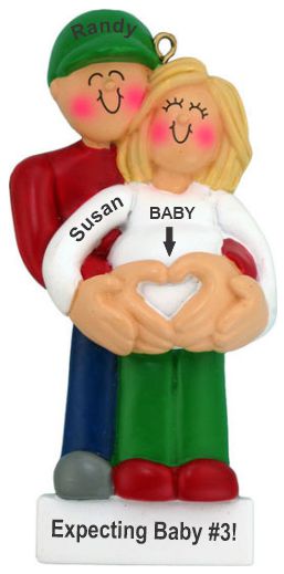 Pregnant Christmas Ornament Couple Blond Female Expecting 3rd Baby Personalized by RussellRhodes.com