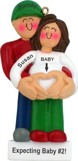 Pregnant Christmas Ornament Couple Brunette Female Expecting 2nd Baby Personalized by RussellRhodes.com