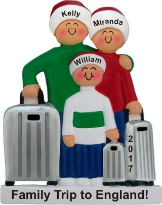 Traveling Family of 3 Christmas Ornament Personalized by Russell Rhodes