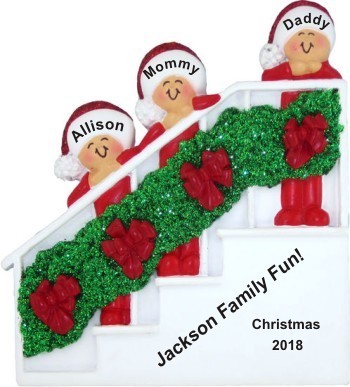 Festive Holiday Banister for Family of 3 Christmas Ornament Personalized by Russell Rhodes