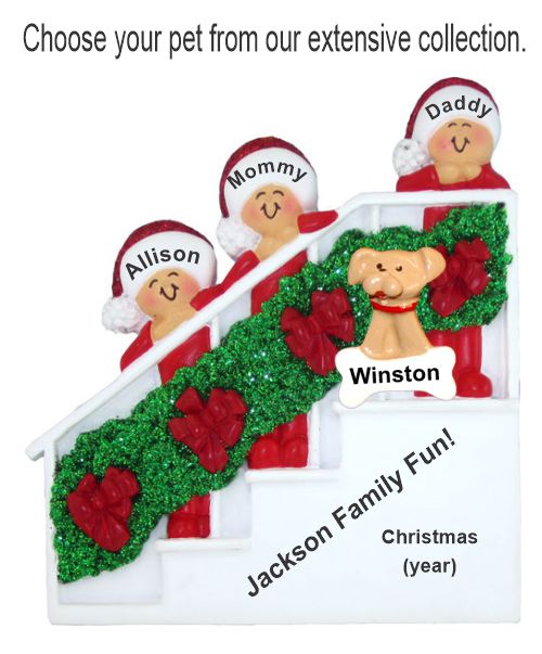 Festive Holiday Banister for Family of 3 Christmas Ornament with Pets Personalized by Russell Rhodes