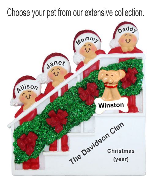 Festive Holiday Banister for Family of 4 Christmas Ornament with Pets Personalized by RussellRhodes.com