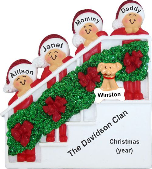 Family Christmas Ornament Holiday Banister for 4 with Pets Personalized by RussellRhodes.com