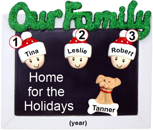 Family Christmas Ornament Holiday Frame for 3 with Pets Personalized by RussellRhodes.com