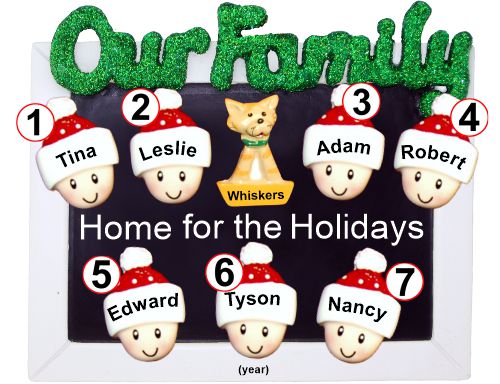 Family Christmas Ornament Holiday Frame for 7 with Pets Personalized by RussellRhodes.com