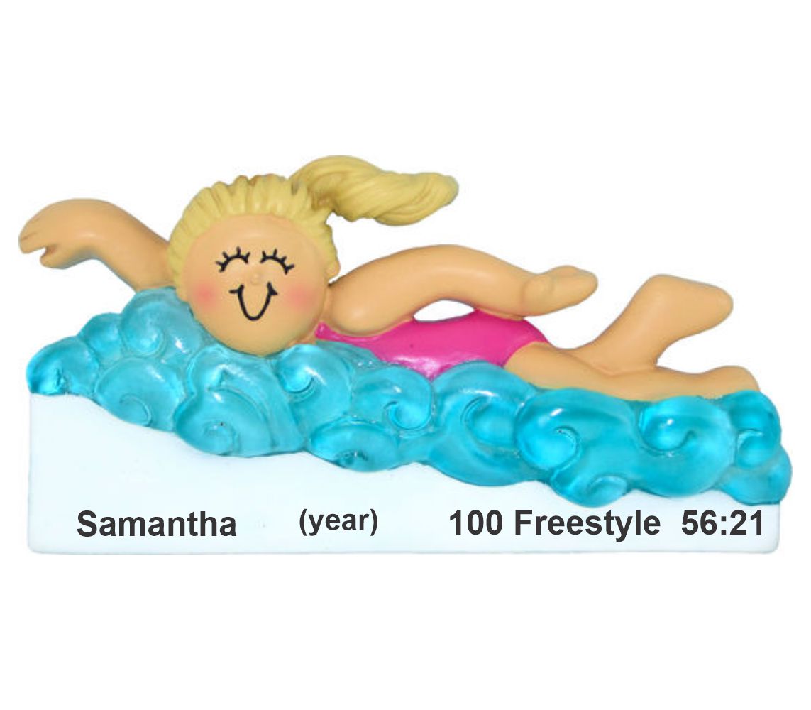 Swimming Achievement Female Blond Christmas Ornament Personalized by Russell Rhodes