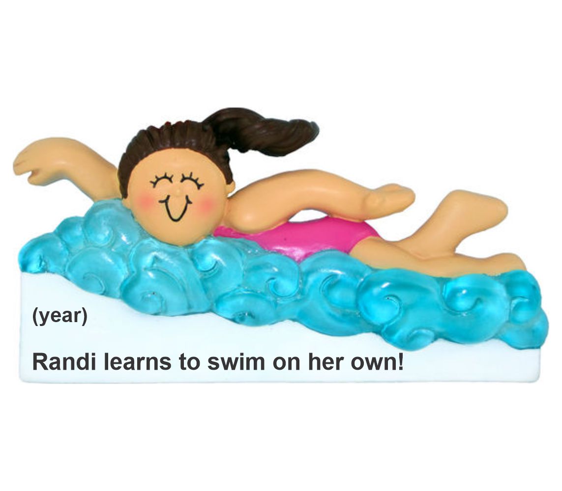 Learning to Swim Female Brunette Christmas Ornament Personalized by Russell Rhodes