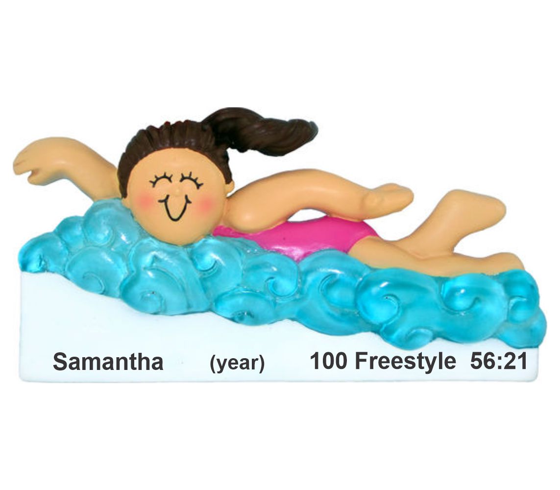 Swimming Achievement Female Brunette Christmas Ornament Personalized by Russell Rhodes