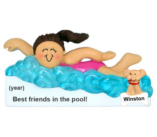 Kids Christmas Ornament Brunette Female Swimming with My Dog Personalized by RussellRhodes.com