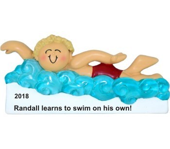 Learning to Swim Male Blond Christmas Ornament Personalized by Russell Rhodes