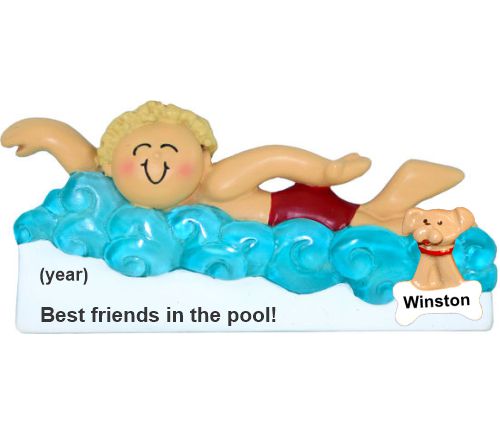 Kids Christmas Ornament Blond Male Swimming with My Dog Personalized by RussellRhodes.com