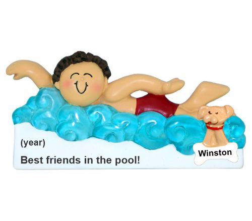 Kids Christmas Ornament Brunette Male Swimming with My Dog Personalized by RussellRhodes.com