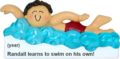 Kids Christmas Ornament Brunette Male Learns to Swim Personalized by RussellRhodes.com