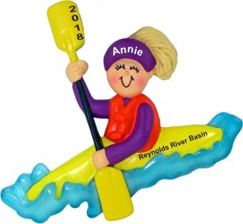 White Water Kayaking Female Blond Christmas Ornament Personalized by RussellRhodes.com