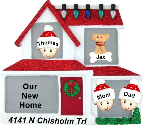 New Home Christmas Ornament Family Home for 3 with Pets Personalized by RussellRhodes.com