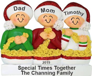 Stringing Popcorn Family of 3 Christmas Ornament Personalized by Russell Rhodes