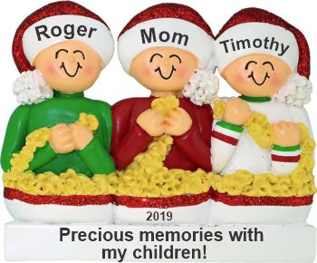 Stringing Popcorn Single Mom 2 Children Christmas Ornament Personalized by Russell Rhodes