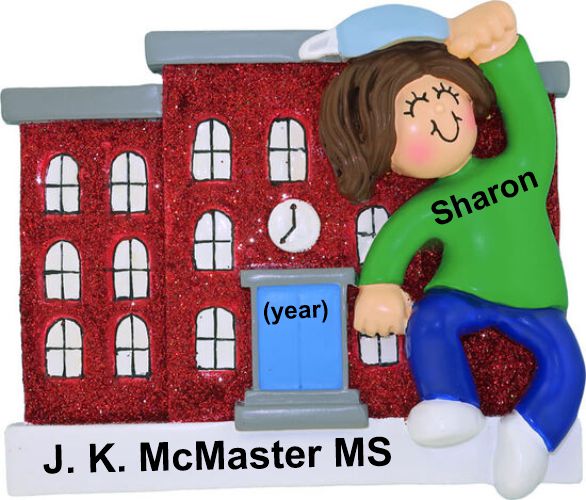 Personalized School During COVID Christmas Ornament Female Brunette by Russell Rhodes