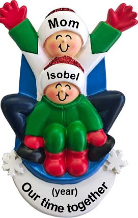 Personalized Single Parent Sledding 1 Child Christmas Ornament by Russell Rhodes