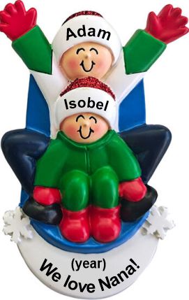 Personalized Sledding 2 Grandchildren Christmas Ornament by Russell Rhodes