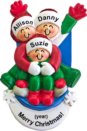 Personalized Sledding 3 Grandchildren Christmas Ornament by Russell Rhodes