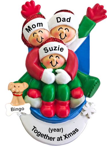 Sledding Family Christmas Ornament for 3 with Pets Personalized by RussellRhodes.com