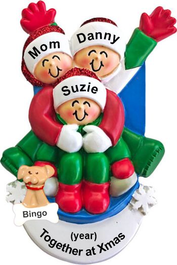 Single Parent Christmas Ornament Sledding 2 Kids with Pets Personalized by RussellRhodes.com