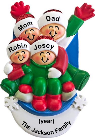 Personalized Sledding Family for 4 Christmas Ornament by Russell Rhodes