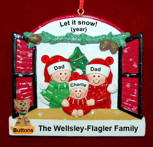 Gay Family of 3 Christmas Ornament Holiday Window with 1 Dog, Cat, Pets Custom Add-on Personalized by RussellRhodes.com