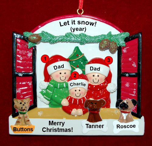 Gay Family of 3 Christmas Ornament Holiday Window with up to 3 Dogs, Cats, Pets Custom Add-ons Personalized by RussellRhodes.com