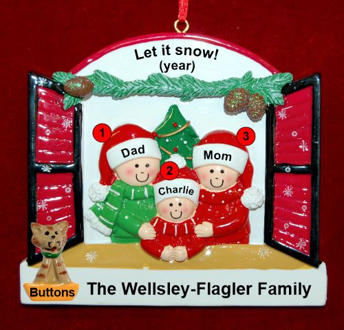 Family of 3 Christmas Ornament Holiday Window with 1 Dog, Cat, Pets Custom Add-on Personalized by RussellRhodes.com