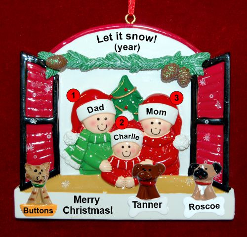 Family of 3 Christmas Ornament Holiday Window with up to 3 Dogs, Cats, Pets Custom Add-ons Personalized by RussellRhodes.com