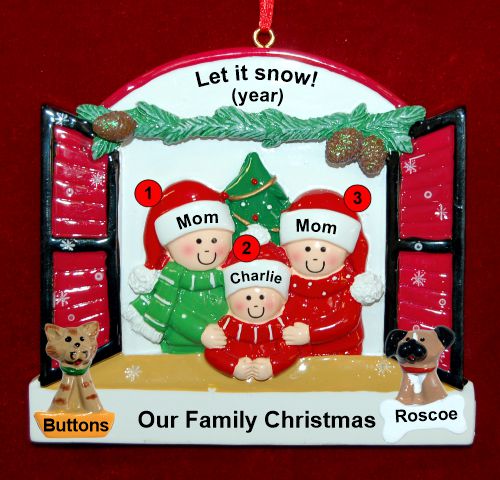 Lesbian Family of 3 Christmas Ornament Holiday Window with up to 2 Dogs, Cats, Pets Custom Add-ons Personalized by RussellRhodes.com