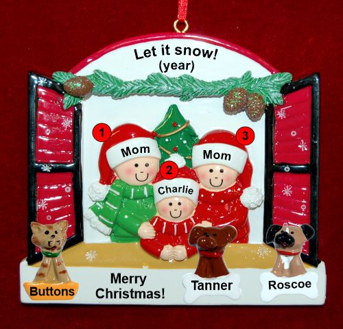 Lesbian Family of 3 Christmas Ornament Holiday Window with up to 3 Dogs, Cats, Pets Custom Add-ons Personalized by RussellRhodes.com