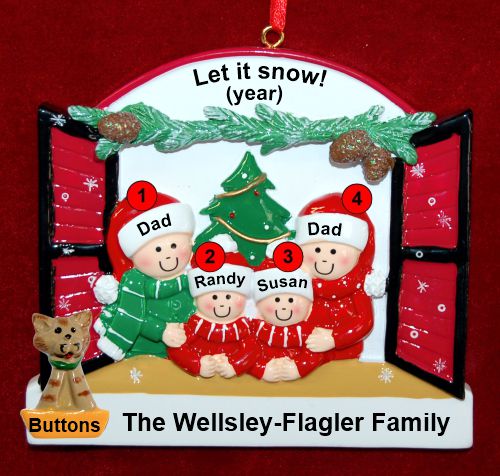Gay Family of 4 Christmas Ornament Holiday Window with 1 Dog, Cat, Pets Custom Add-on Personalized by RussellRhodes.com