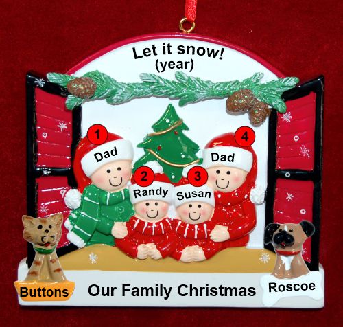 Gay Family of 4 Christmas Ornament Holiday Window with up to 2 Dogs, Cats, Pets Custom Add-ons Personalized by RussellRhodes.com
